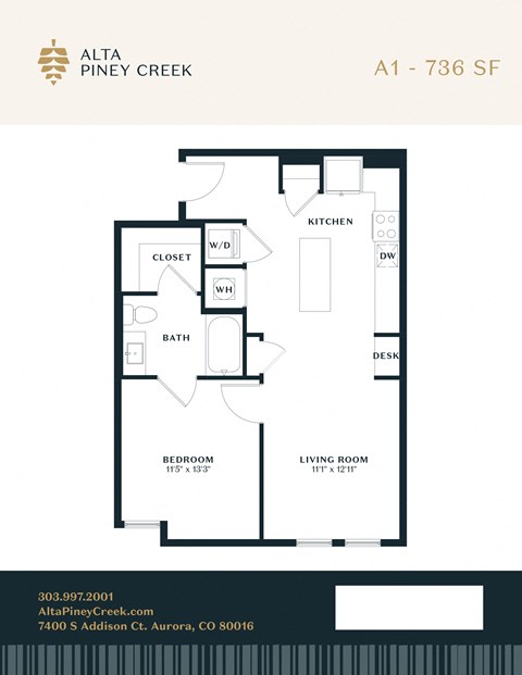 Floor plan for 1 bed, 1 bath, 736 sqft